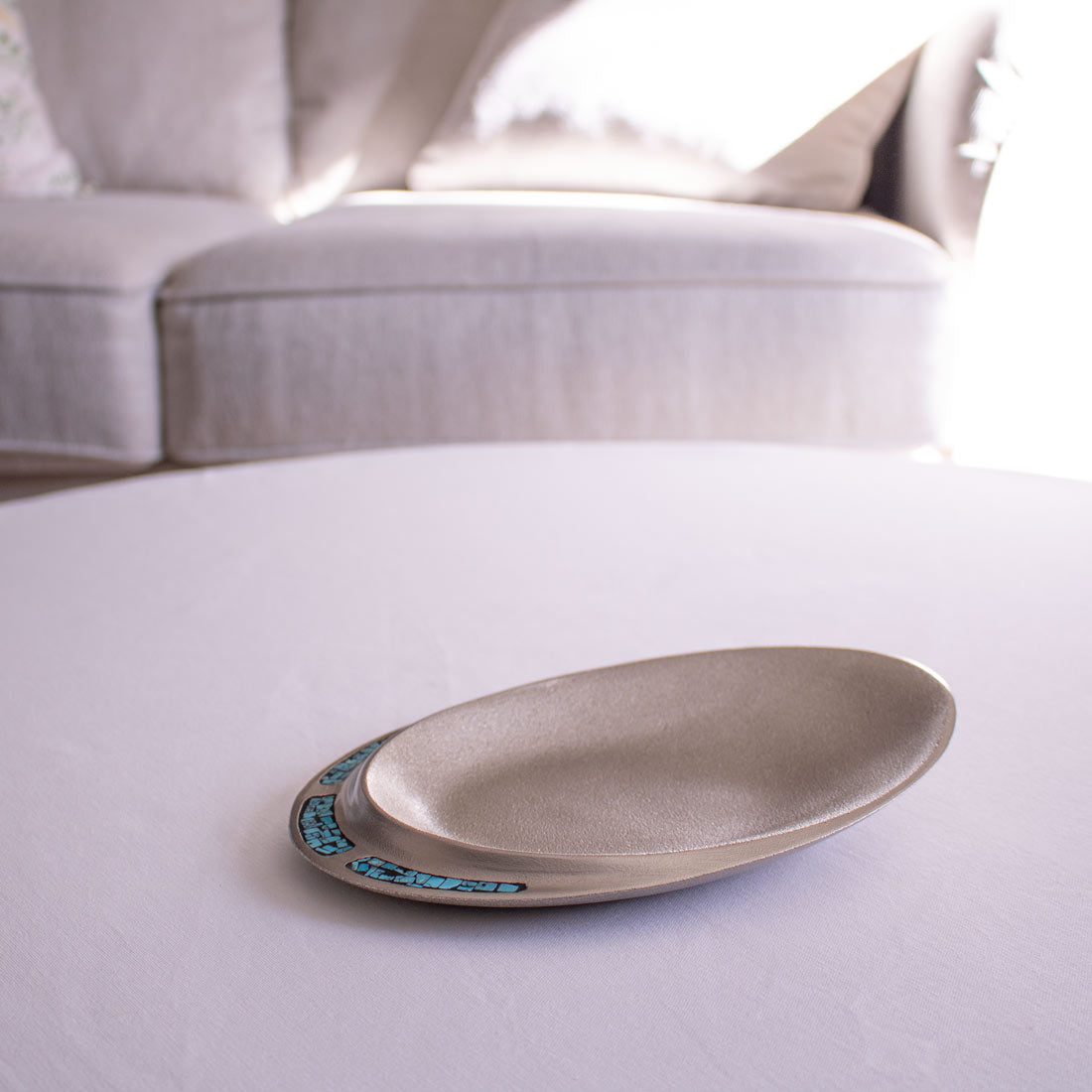 Turquoise Silver Decorative plate, perfect for coffee table decor, Oval Dessert Serving Platter