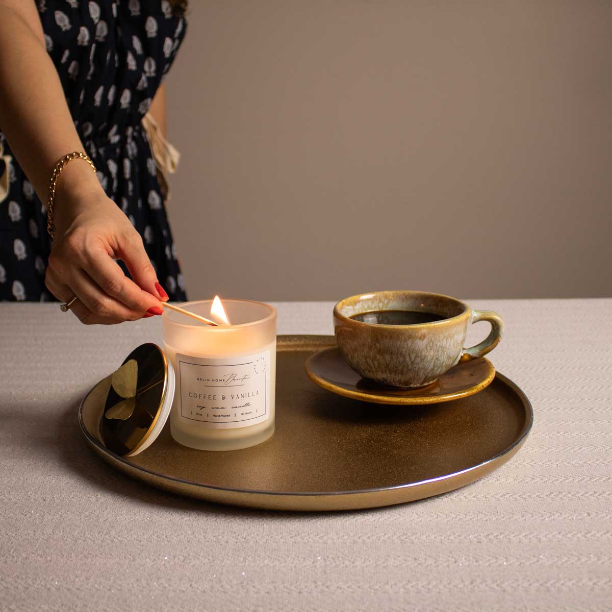 Scented Jar Candle with Butterfly Lid and Blue Ceramic Cup