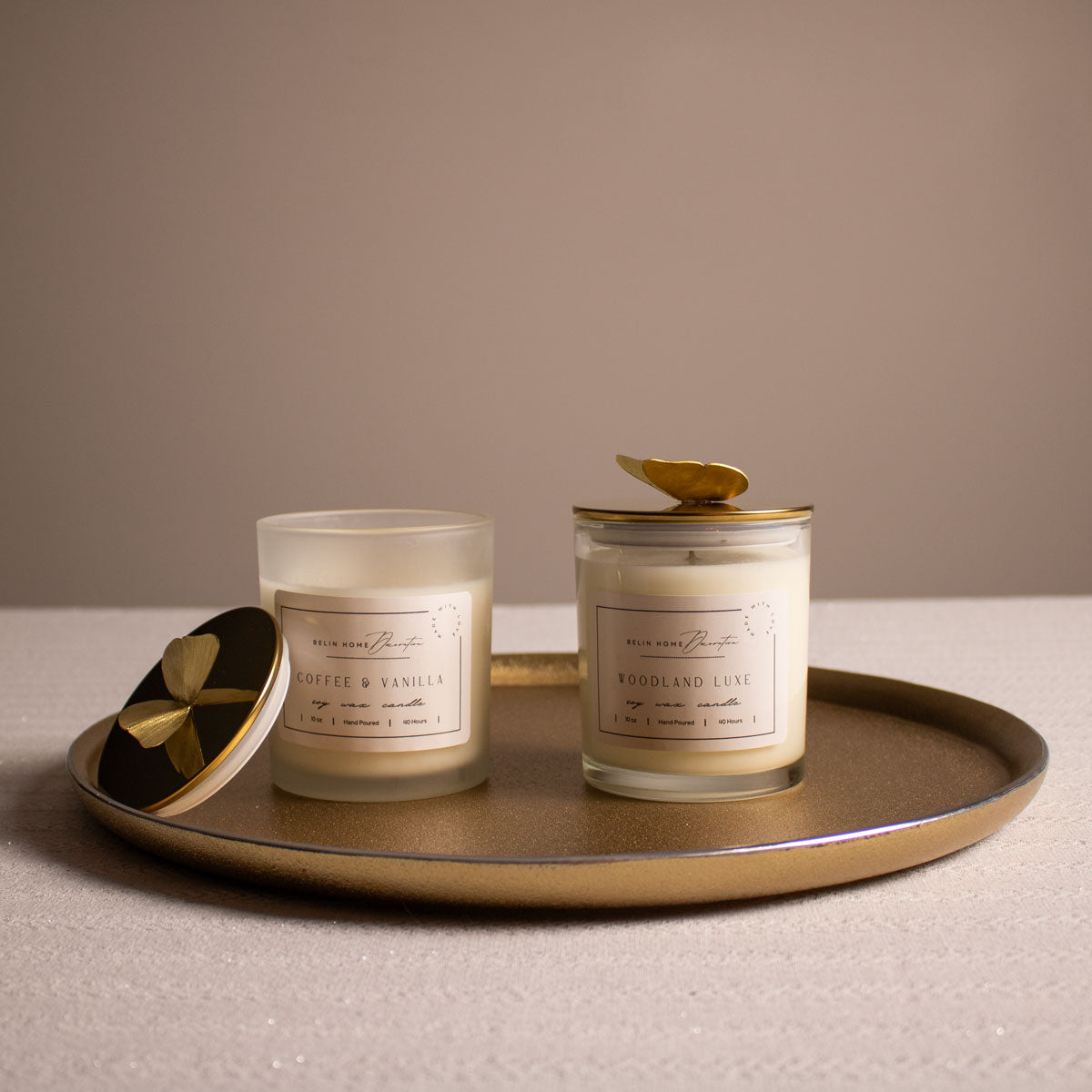 Scented Jar Candles with Butterfly Lids in Gold Tray