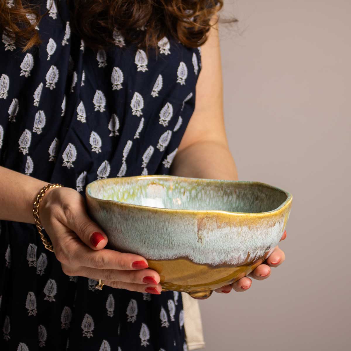Pedestal Blue Round Ceramic Bowl - big hold by hand