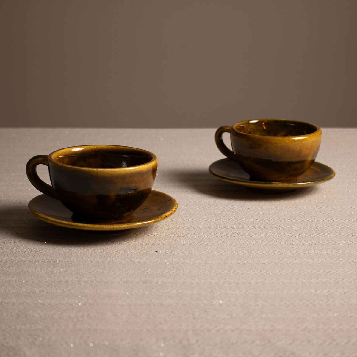 2 Brown Ceramic Cups with plates