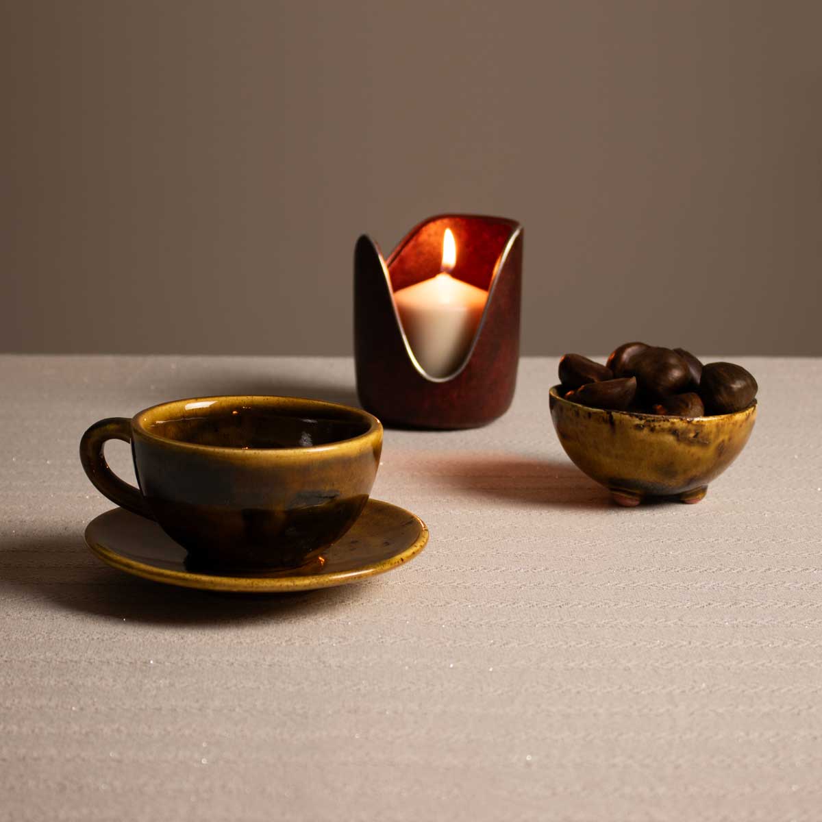Ceramic Cup and Tripod Bowl with Pilar Candle Holder
