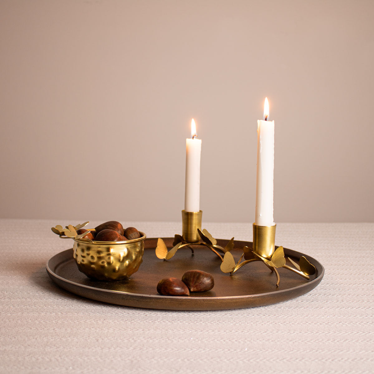 Set of 2 Short Brass Gold Taper Candle Holder for Table with Bowl