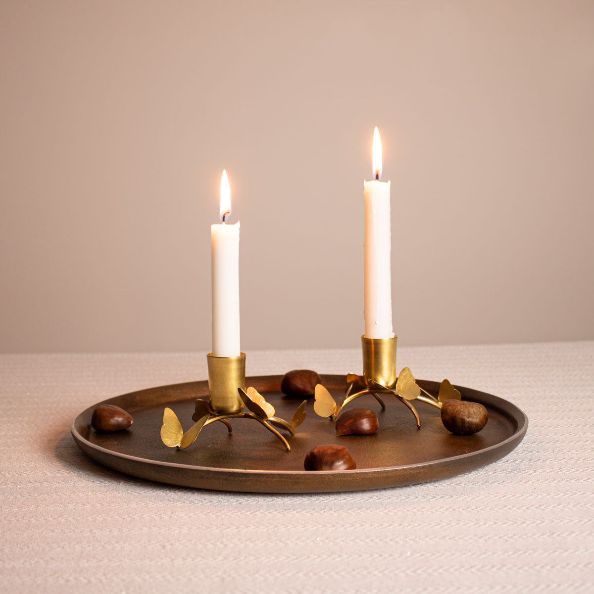 Set of 2 Short Brass Gold Taper Candle Holder for Table in Tray