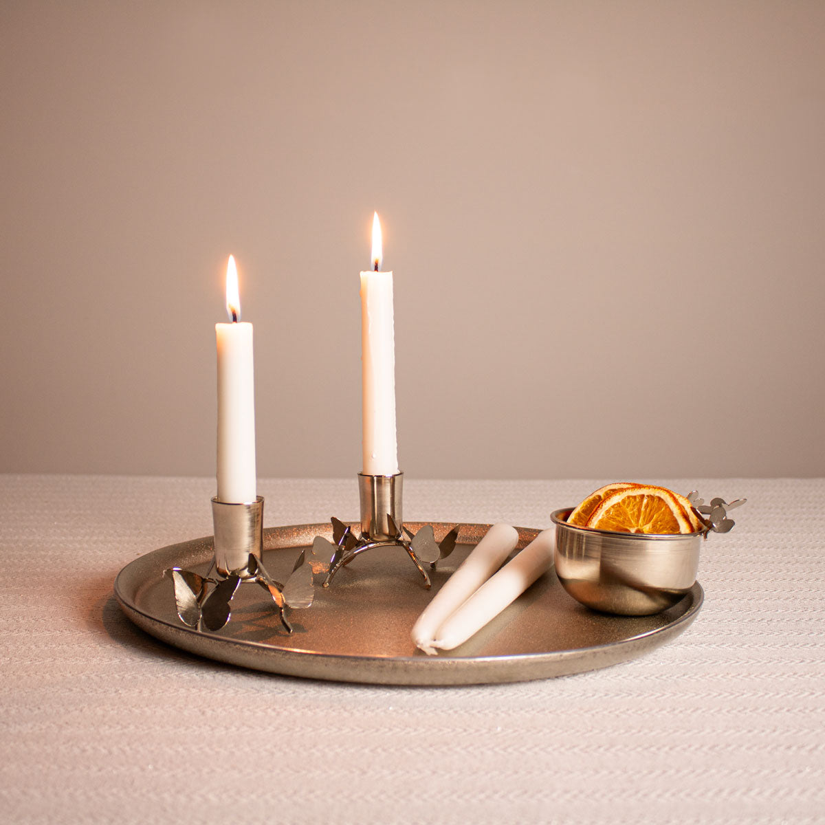 Set of 2 Short Brass Silver Taper Candle Holder for Table with Bowl