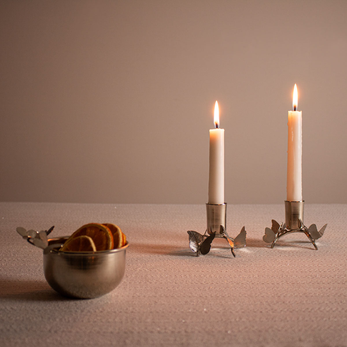 Set of 2 Short Brass Silver Taper Candle Holder for Table with Bowl