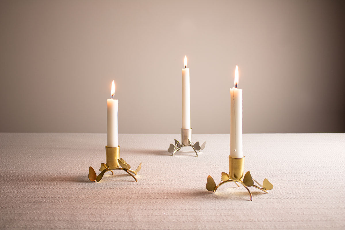 Set of 3 Short Brass Silver & gold Taper Candle Holder for Table