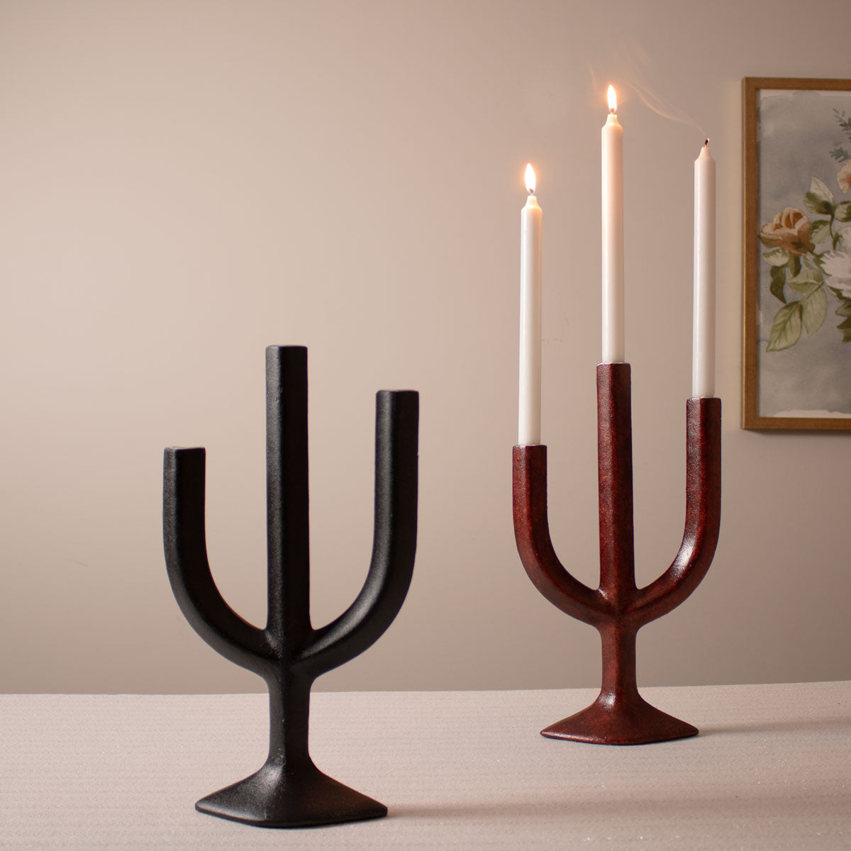 3-Arm Taper Candle Candelabra for Table - Black and Brown