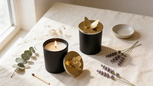 Belin Home brass orchid & butterfly lid jar candle — handcrafted scented candle with decorative lid in gold finish