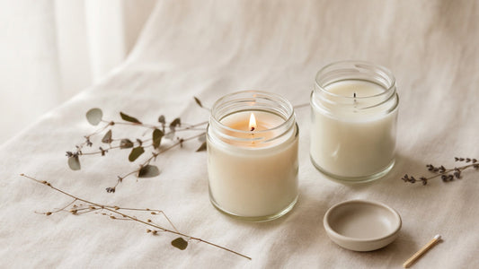Two soy jar candles in natural light on linen surface with dried botanicals — soy vs paraffin candle comparison