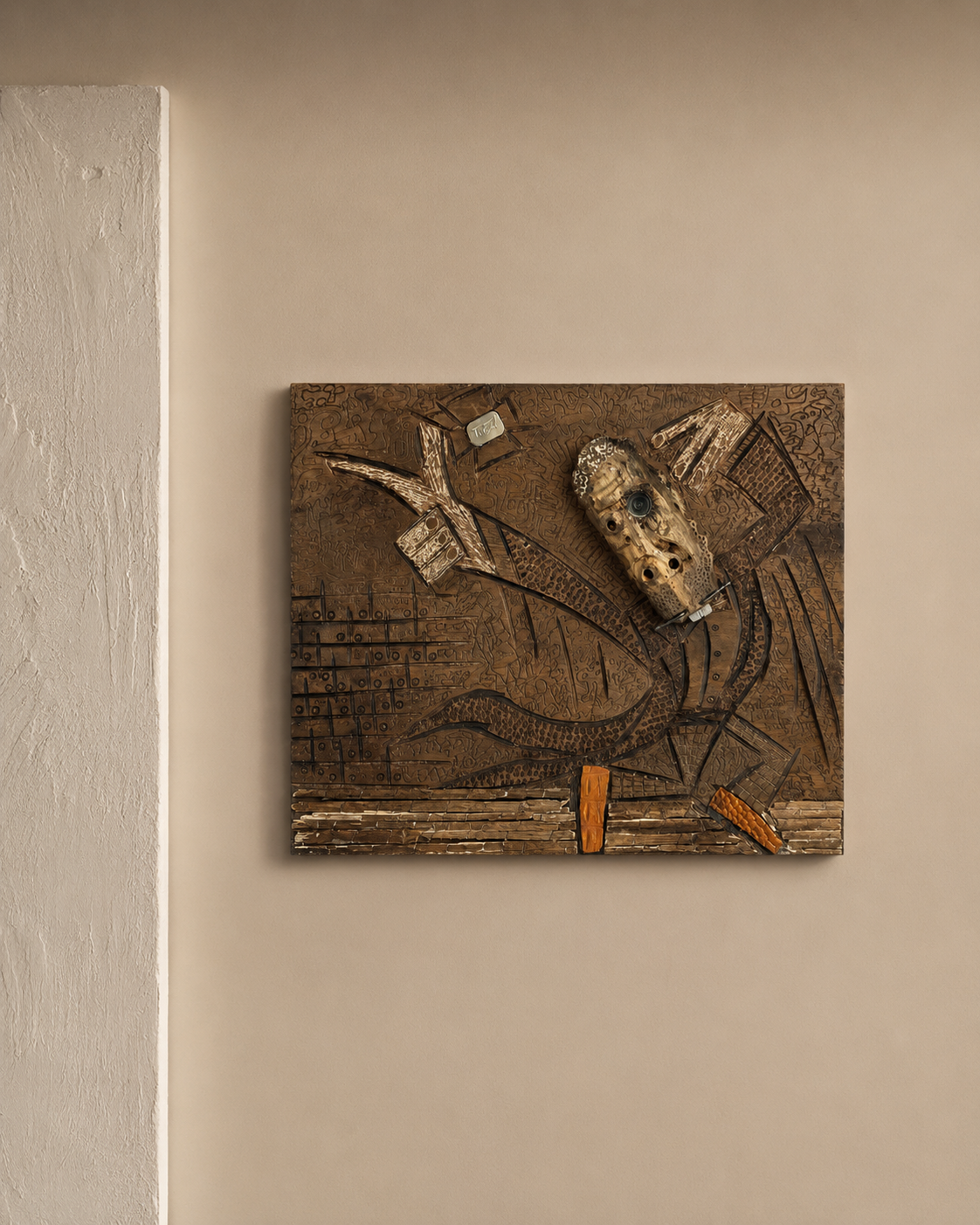 Handmade mixed media wall art featuring an abstract figure with a slingshot, crafted from natural wood and stone with hand-carved details, warm earthy tones by Belin Home Decoration