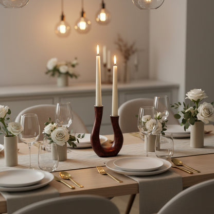 Burgandy candle holder on the table