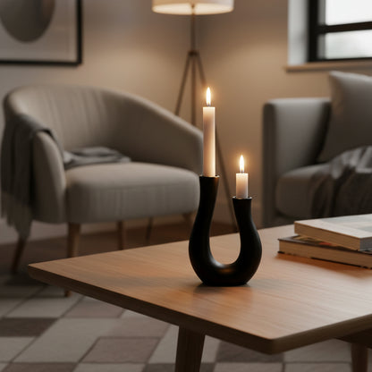 Black dual candle holder in living room