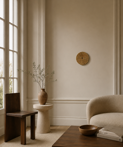 Minimal warm-toned living room interior featuring a handcrafted circular stone wall art mounted on a beige wall. Soft natural daylight enters through large windows, illuminating neutral furniture, dark wooden accents, a sculptural chair, textured curved sofa, ceramic vase with branches, and a calm modern organic aesthetic.