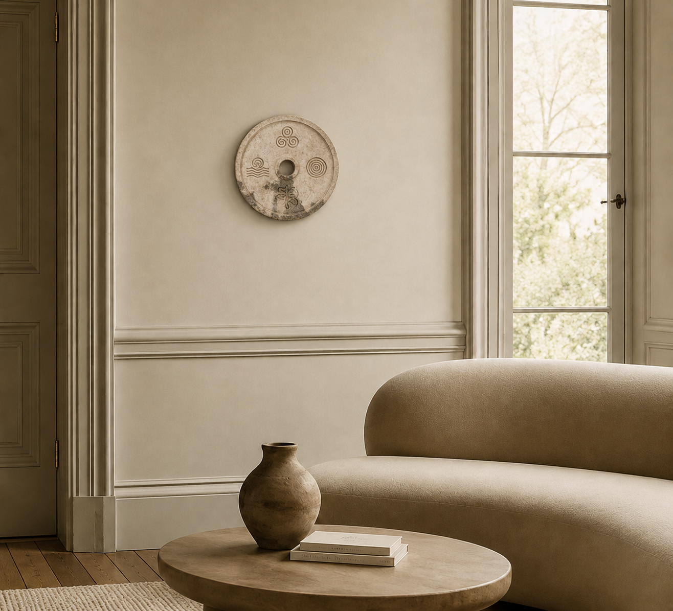 The soft texture of marble combined with handcrafted carving gives the piece an artisanal and authentic character. Its imperfect surface, natural tonal variations, and symbolic details make every artwork unique.
