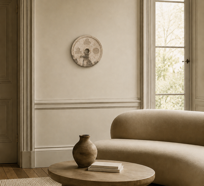 The soft texture of marble combined with handcrafted carving gives the piece an artisanal and authentic character. Its imperfect surface, natural tonal variations, and symbolic details make every artwork unique.