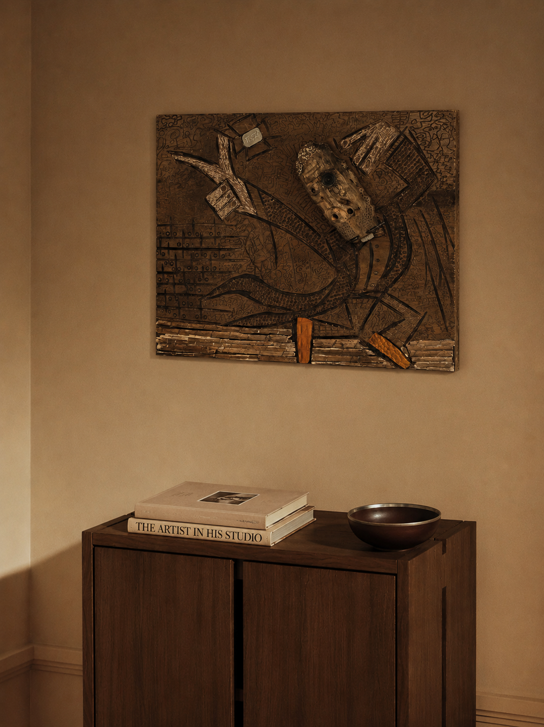 Handmade mixed media wall art featuring an abstract figure with a slingshot, crafted from natural wood and stone with hand-carved details, warm earthy tones by Belin Home Decoration