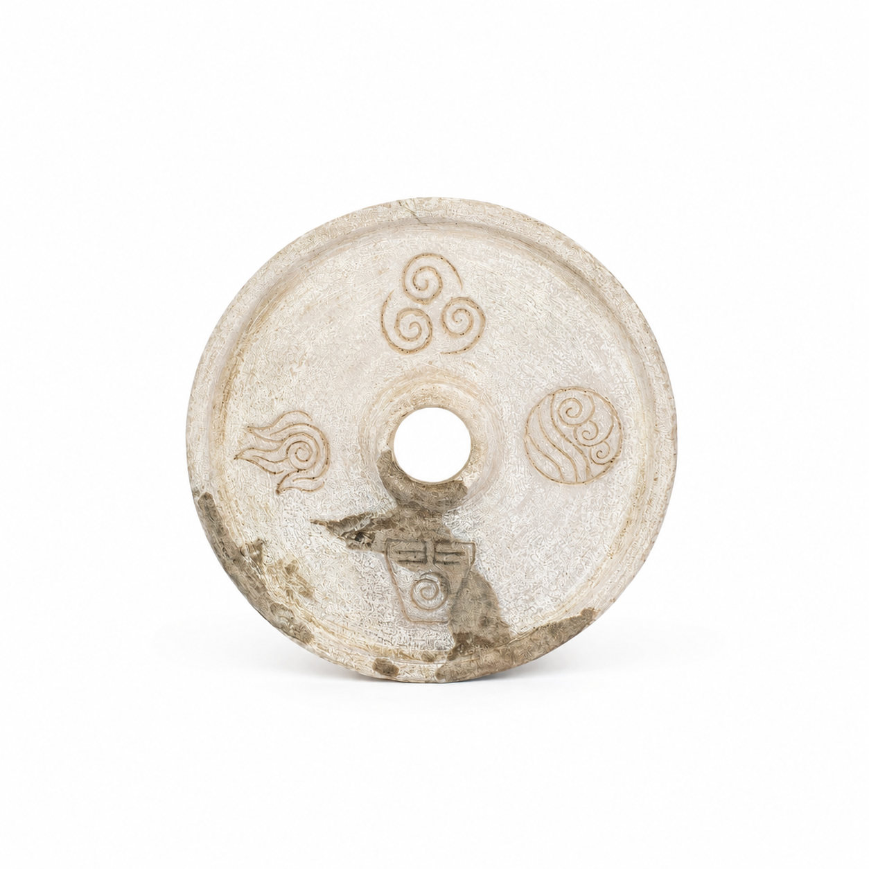 Hand-carved natural marble wall disc with engraved elemental symbols of water, fire, air and earth, artisanal home decor by Belin Home Decoration
