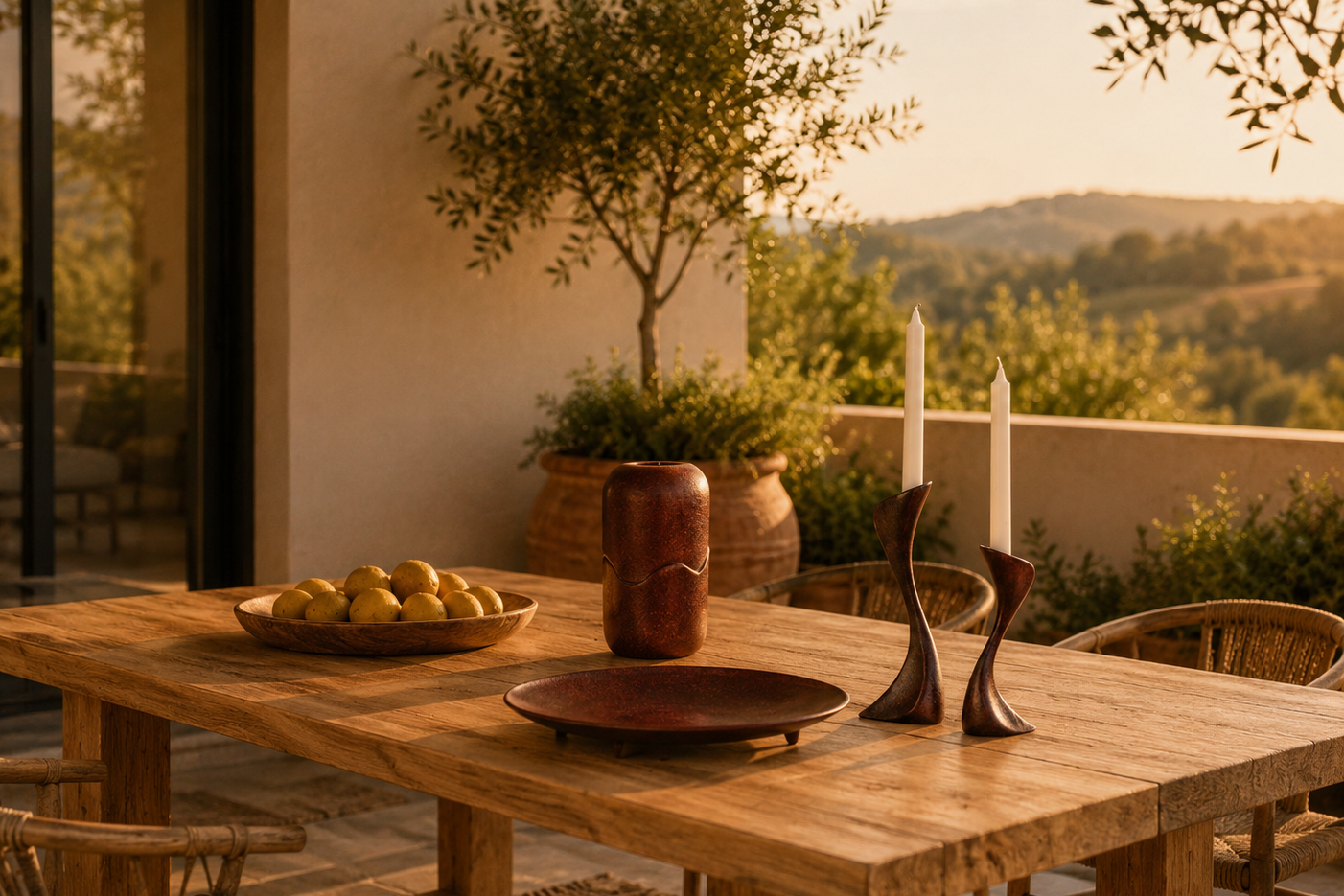 A rustic wooden dining table set on an outdoor patio at sunset, styled with a dark brown ceramic vase, white taper candles in sculptural holders, a shallow bowl of lemons, and woven chairs, with a warm landscape background.