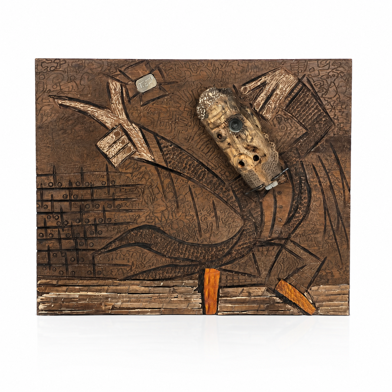 Handmade mixed media wall art featuring an abstract figure with a slingshot, crafted from natural wood and stone with hand-carved details, warm earthy tones by Belin Home Decoration